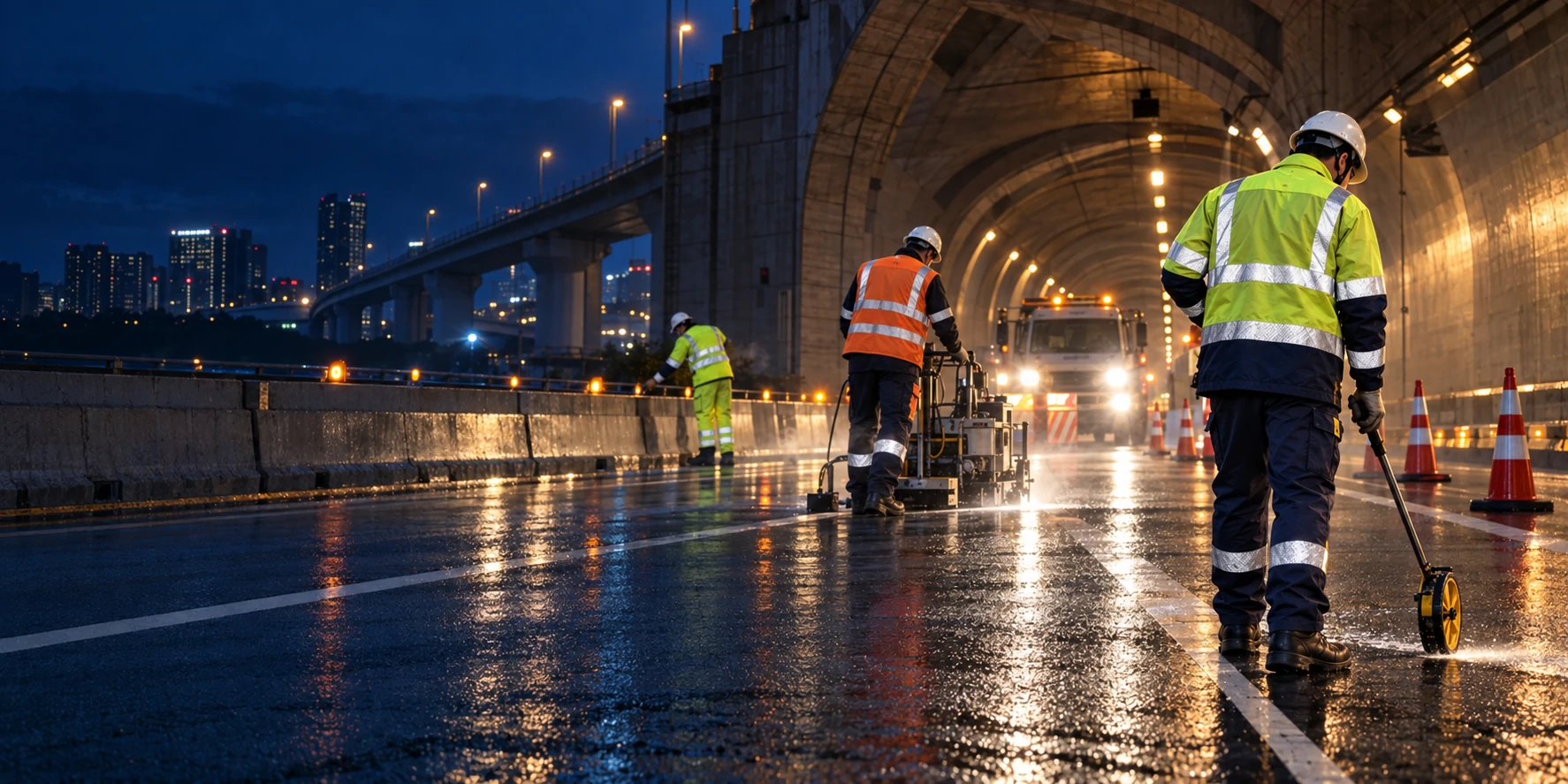 Road maintenance crew in reflective workwear operating at different distances during a controlled night shift