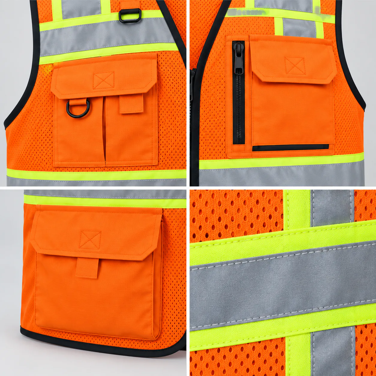 Surveyor vest pocket, closure, reflective trim and fabric details